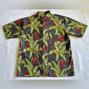 Pacific Scene Men’s Shirt Large Red Parrot Palm Print Button Up Cotton Tropical